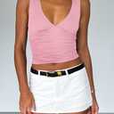 YFANG Women's Summer Deep V-Neck Ruched Crop Tank Top Sexy Sleeveless Double Lined Crop Top Pink Large