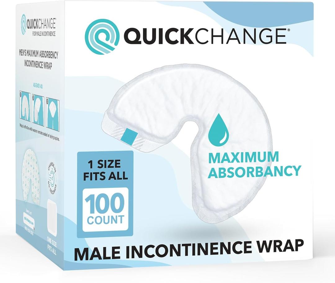 QuickChange Men's Incontinence Wrap, Maximum Absorbency Catheter Alternative for Males with Reduced Mobility | 17 Ounce Capacity, Adjustable Size, 100-Count