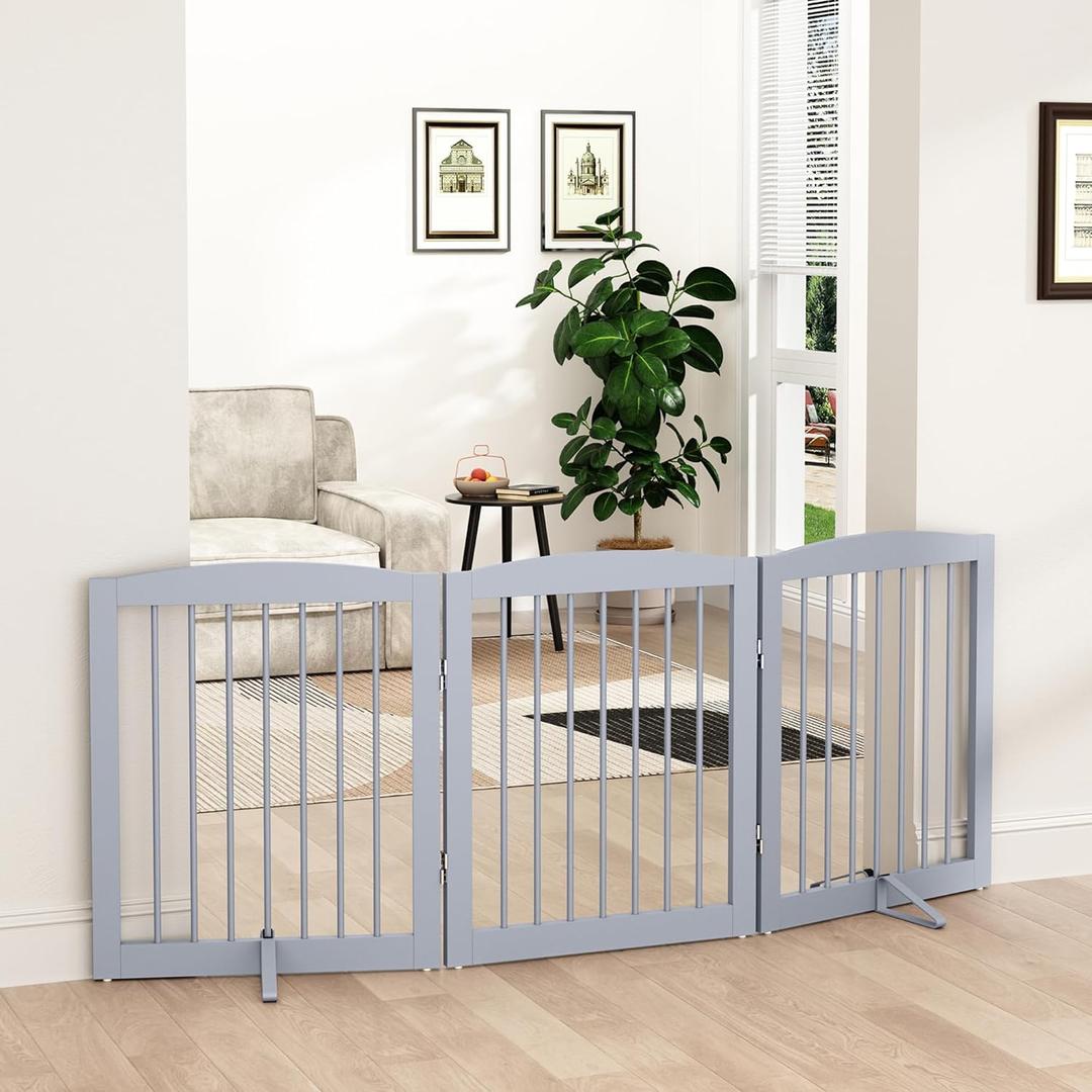 Freestanding Pet Gate for Dogs, Foldable Wooden Dog Gate for House, Indoor Dog Gate for Doorways, Stairs, Gates for Dogs Indoor, Support Feet Included, 24" Height 3 Panels, Grey (Gray)