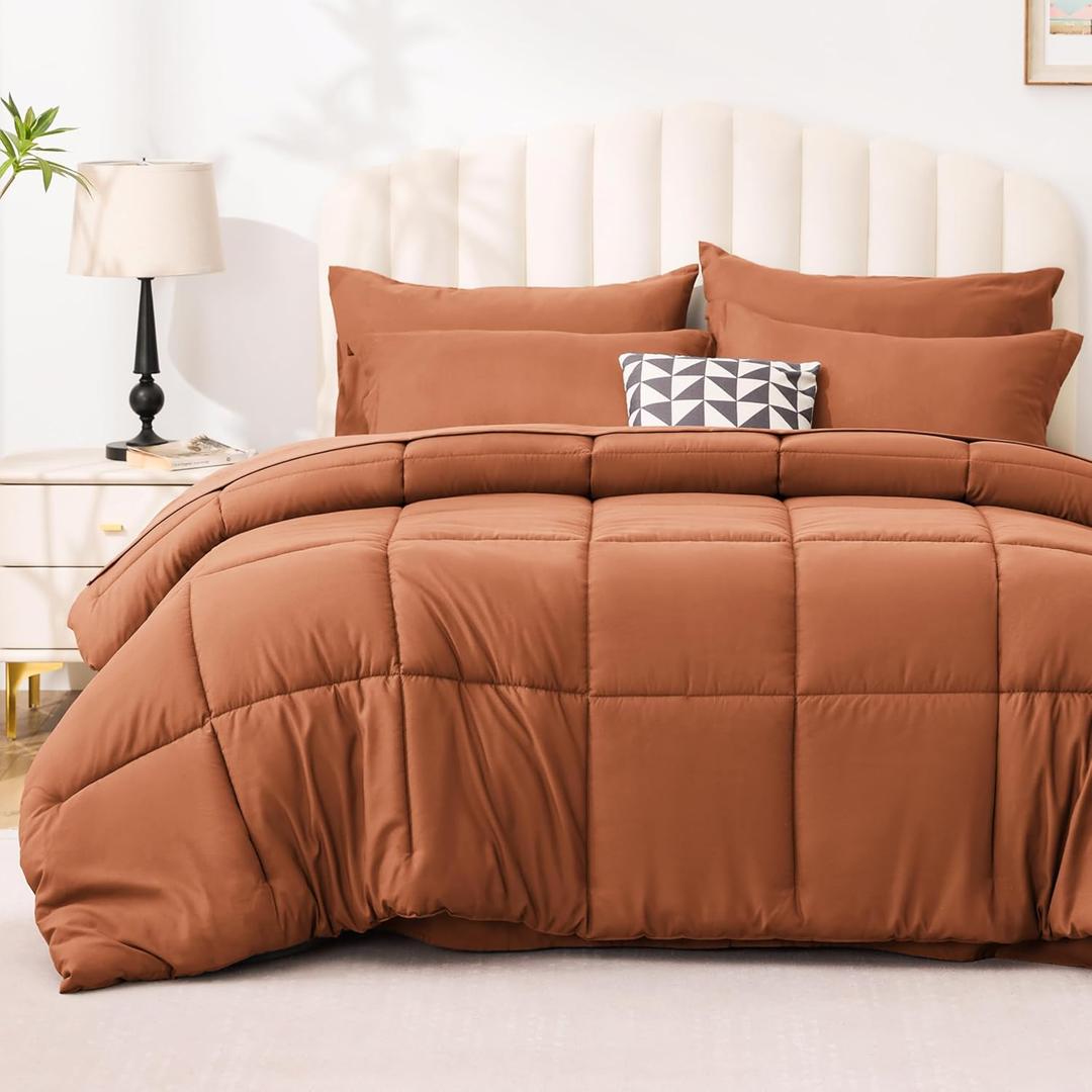 Love's cabin Twin Comforter Set Burnt Orange, 5 Pieces Twin Bed in a Bag, All Season Bedding Sets with 1 Comforter, 1 Flat Sheet, 1 Fitted Sheet, 1 Pillowcase and 1 Pillow Sham