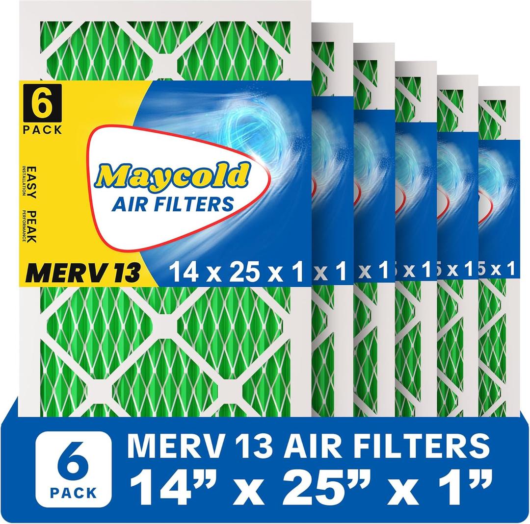 Maycold MERV 13 14x25x1 Air Filter (6-Pack), High-Efficiency Pleated AC & Furnace Filters, Actual Size: 13.70" x 24.70" x 0.75", Individually Wrapped in Plastic