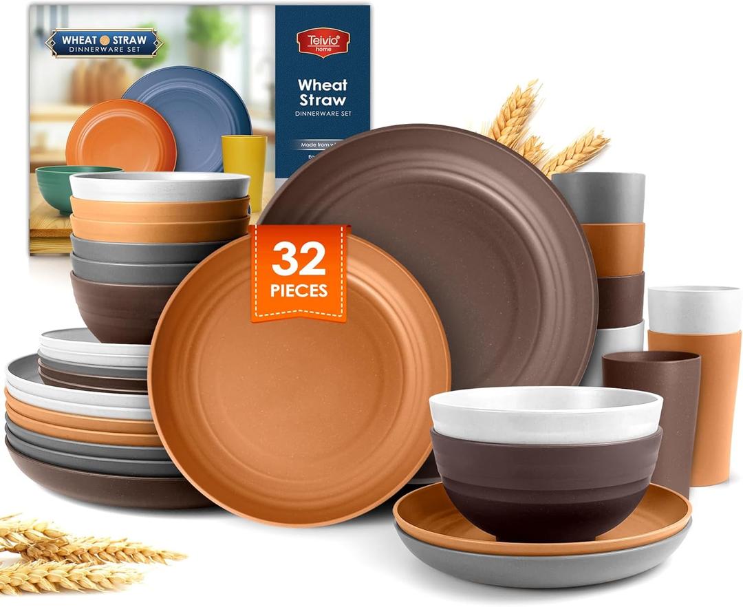 Teivio 32-Piece Kitchen Plastic Wheat Straw Dinnerware Set, Service for 8, Unbreakable Dinner Plate/Dessert Plate/Cereal Bowl/Cup,Outdoor Camping Dishes for Life/Vintage,Farmhouse,Rustic Multicolor