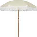 6.5ft Patio Umbrella with Fringe Outdoor Tassel Umbrella UPF50+ Premium Steel Pole and Ribs Push Button Tilt, Light Beige