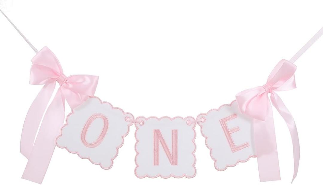 Pink Bow Themed "One" High Chair Banner - Pink Bow Girl 1st Party Decoration,Coquette Scalloped Embroidered First Party Cake Smash Prop for Women Baby Shower High Chair Decor