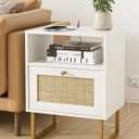 Rattan Nightstand with Charging Station, Mid Century Modern Night Stand,Boho Farmhouse Wood Bedside Table with Storage and Open Shelf, End Side Accent Table for Bedroom,Living Room,White