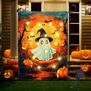 FLAGWIX Halloween Garden Flag - Solar Flag Light for Garden Decor 11.5"x17.5" - Fall Garden Flags for Halloween Decorations, Yard Flags for Fall Outdoor Decor, Outside Decorations for Yard (Flame  Haunted Glow)