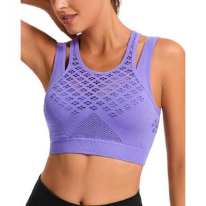 RUNNING GIRL Sports Bras for Women High Support,Seamless Ribbed Longline High Neck Sports Bra Racerback Padded Crop Top Yoga (L)