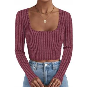 ZESICA Women's Long Sleeve Crop Tops Square Neck Slim Fitted Shirts Casual Basic Tees 2025 Fall Trendy Clothes (Large, Wine)