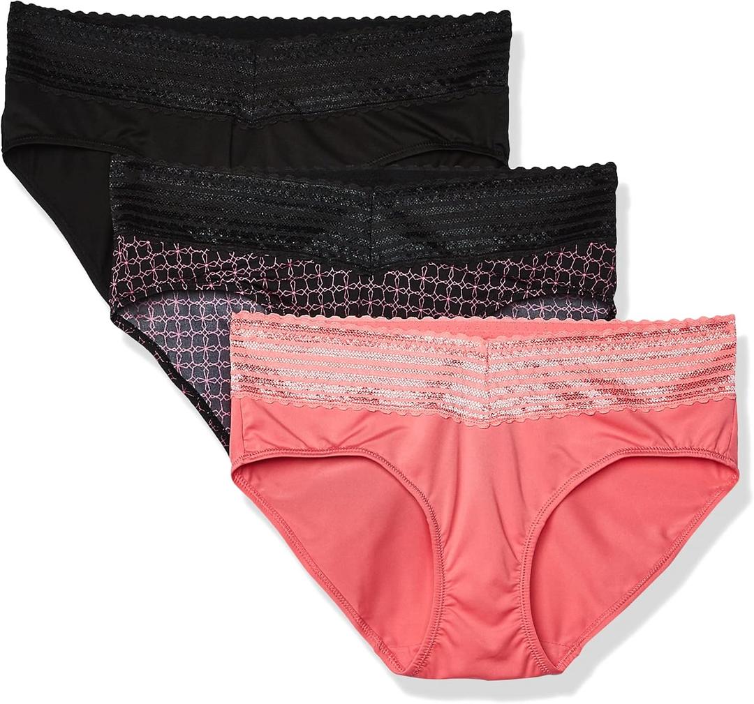 Warner's womens Blissful Benefits No Muffin 3 Pack Hipster Panties (Large, Black/Flamingo Pink/Miami Pink Octagon)