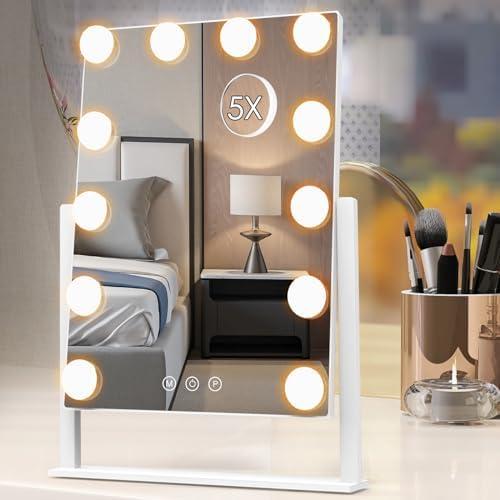 Dirket Vanity Mirror with Lights, Hollywood Lighted Makeup Mirror with 3 Color Lighting Modes and 12 Dimmable Bulbs, Detachable 5X Magnification, Smart Touch Control, 360°Rotation, White