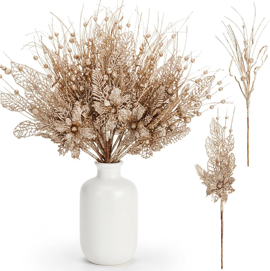 Yunlly 24 Pcs Champagne Christmas Tree Picks and Sprays Glitter Berry Stem Branches Artificial Christmas Picks Twigs Xmas Tree Ornaments for DIY Xmas Wreath Vase Filler Decorations