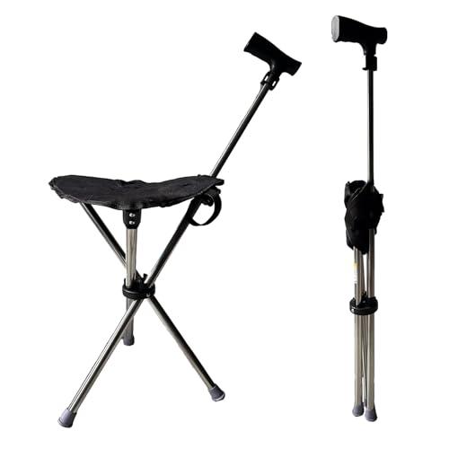 Cane with Seat - Portable Stool Chair, Supports Up to 220 Lbs cameping Chairs, Lightweight Up to 1.8 Lbs, Suitable for Men, Women, Seniors, People with Disabilities (Adjustable-Black Model A)