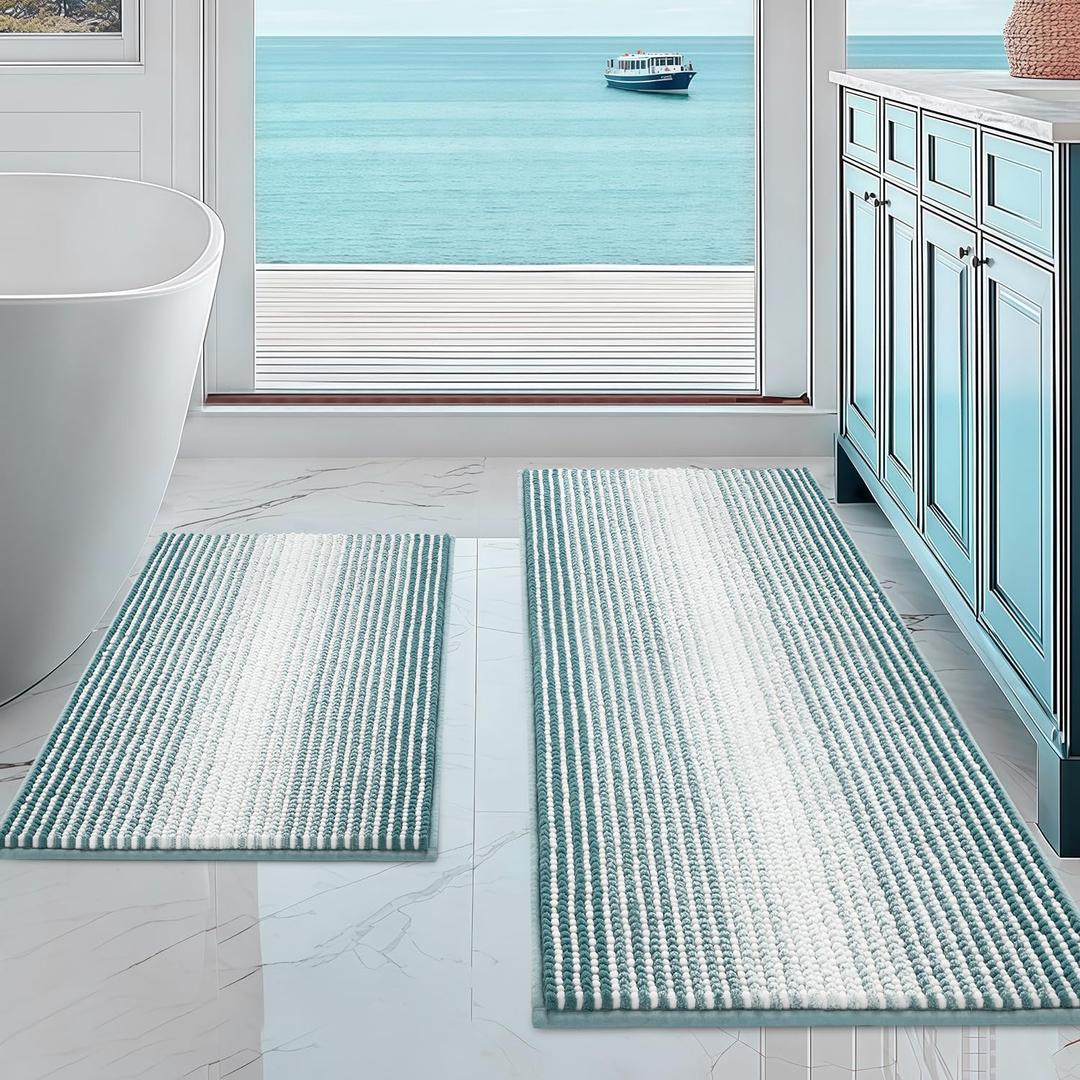 BSICPRO Bathroom Rugs and Mats Sets, 2 Piece Thick Absorbent Chenille Non Slip, Soft Shaggy Floor Mats, Machine Washable (Sea Green, 20" x 47" Plus 16" x 24")