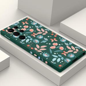 LEECG for Samsung Galaxy S22 Ultra Case, Case for S22 Ultra Galaxy Liquid Silicone Soft Slim Fashion Design Flower Phone Protective Phone Cover 6.8"-Leaf Green