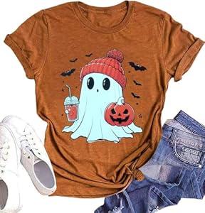 Halloween Ghost T-Shirt Womens Fall Pumpkin Graphic Shirt Spooky Season Tee Halloween Party Outfit Cute Coffee Clothing (Brown1, L)