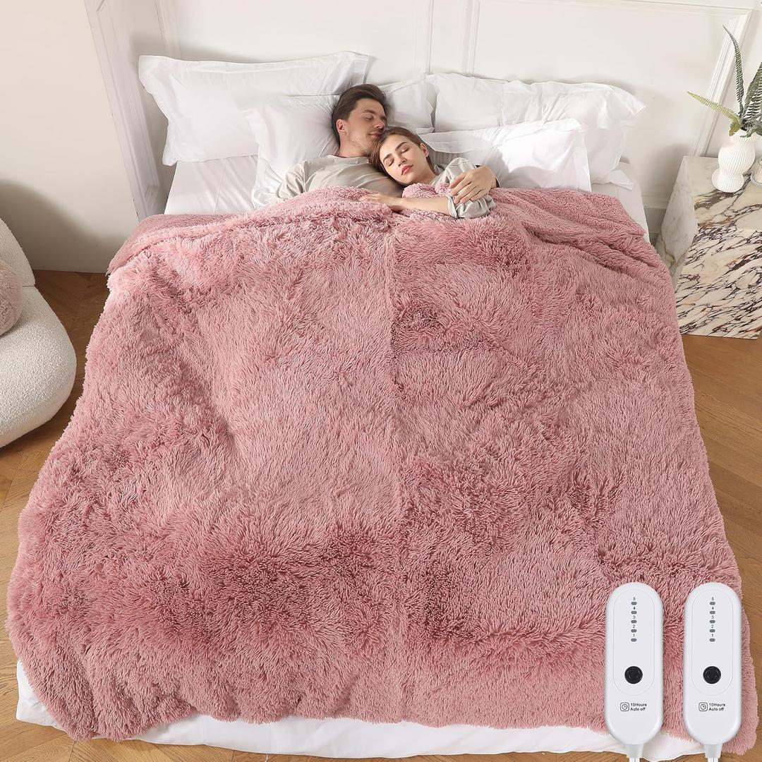 Electric Blanket Queen Size, Super Cozy Luxury Faux Fur & Thick Sherpa Heated Blanket with 5 Heating Levels & 10 Hours Auto Off, Fast Heating Blanket & Overheat Protection, 84" x 90",Dusty Rose