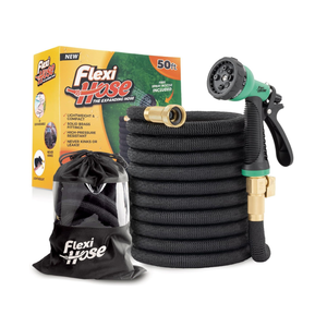 Flexi Hose Plus Expandable Garden Hose with 8 Function Nozzle, 50FT - Lightweight Retractable Garden Hose, Water Hose - No-Kink Flexibility, 3/4 Inch Solid Brass Fittings Includes Hook & Bag