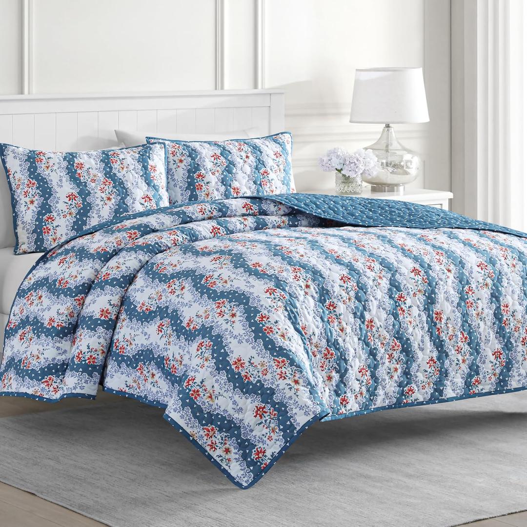 Martha Stewart 100% Cotton 2 Piece Reversible Quilt Set, Washed, Percale, Blue/Red, 1 Quilt, 1 Std Sham, Lightweight, Soft and Breathable, Room Decor, Floral Printed Bedspread, Twin Size (Hereford Stripe)