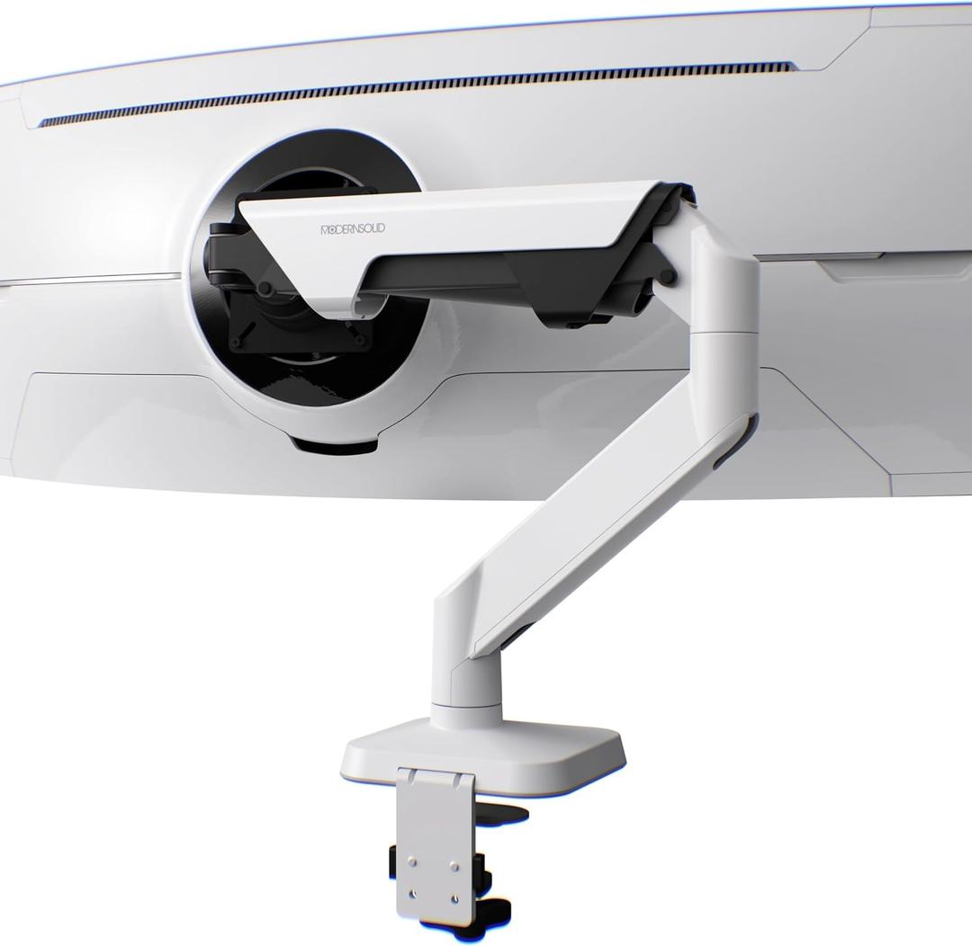 Modernsolid Heavy Duty Monitor Arm Desk Mount for 34-49 Inch Ultrawide Curved Monitors, Supports 14-38 lbs, Gas Spring Ergonomic Full Motion with Cable Management, Red Dot Design Awarded, White