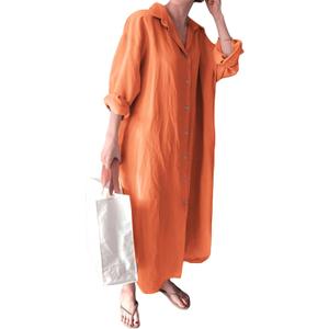 GGUHHU Womens Chic Button Down Rolled-Up Sleeve Long Cotton Blouse Maxi Dress (X-Small, Orange) (Orange, XS)