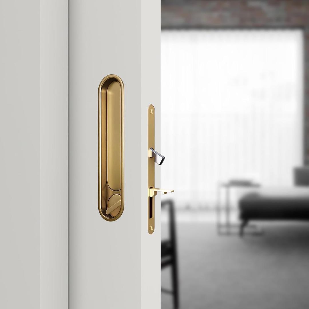 Pocket Door Lock Hardware with Pull, Recessed Handle Latch,Invisible Sliding Door Lock for Bedroom, Kitchen, Barn Door (Circular Gold)