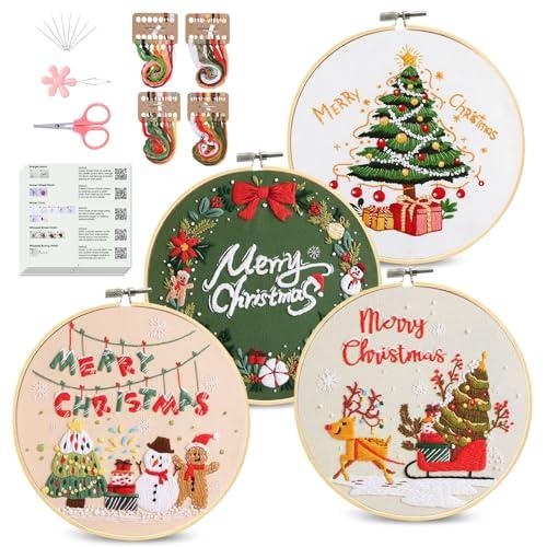 Santune 4 pcs Christmas Embroidery kit with Patterns Instructions Needlepoint Cross Stitch Kits for Beginners Adult,4 Embroidery,2 Hoops,Colored Threads Scissors and Needles,Merry Christmas