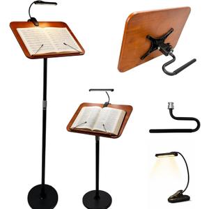 2 in 1 Multiplel-Use Music Stand with Light, Book Holder for Reading, Height Adjustable 18''-55'' Bible Shtender, Portable Podium Stand, Wood Table Stand for Laptop, Classroom, Church, Speech