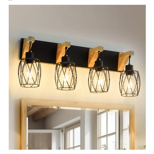 Farmhouse Vanity Light Fixture, 4-Light Wood Bathroom Lighting With Cage Metal Lampshade for Mirror