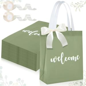 party greeting 50 Pack Sage Green Welcome Bags for Wedding Guests Gift Bags Welcome Wedding bag Non-Woven Bags Bulk with Handle and Ribbon Bow for Party Birthday Baby Shower 