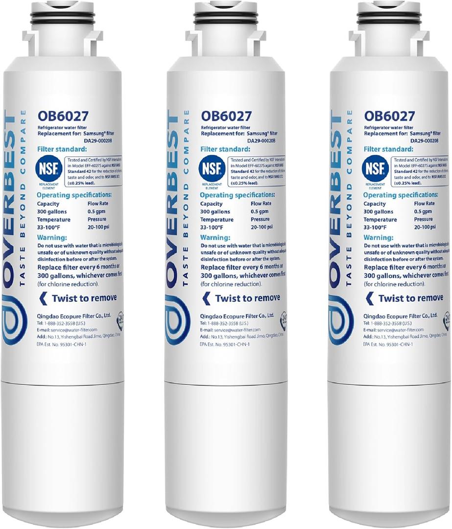 Overbest DA29-00020B Refrigerator Water Filter, Replacement for Samsung® HAF-CIN, 46-9101, RF28HMEDBSR, RF4287HARS, RF263TEAESG, RH22H9010SR, 3 Filters