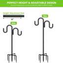 Double Shepherd Hook for Outdoor, 76" Heavy Duty Bird Feeder Pole with 5-Prong Base, Adjustable Thickened Shepherd Hook for Bird Feeder, Flower Baskets, Solar Lights, Lanterns, Black, 1 Pack