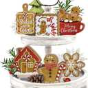11 Pcs Merry Christmas Gingerbread Tiered Tray Decor, Xmas Hot Cocoa Cookies Snowflake Farmhouse Wood Decorations Set, Winter Holiday Rustic Wooden Decorative Signs for Home Table Shelf