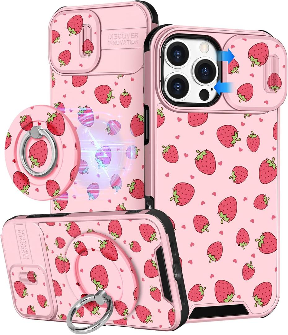 Buleens for iPhone 16 Pro Case 6.3 Inch - with Ring Stand & Camera Cover Aesthetic Cute Designed for Women Girls Pretty Girly Kawaii Strawberry Phone Case for iPhone 16 Pro Compatible with Magsafe (Cute Strawberry)