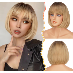 BARSDAR Short Bob Wig with Bangs - Short Blonde Ombre Bob Wigs with Bangs for Women - 12 Inch Chin-Length Blonde Wig with Dark Roots Natural Looking Soft Synthetic Hair Replacement Daily Halloween 