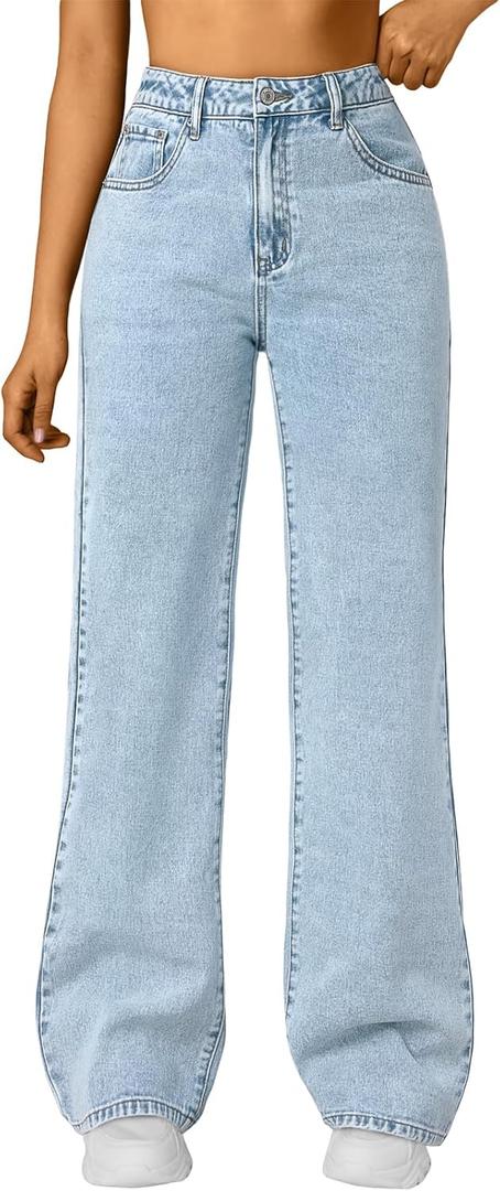 Trendy Queen Women's High Waisted Straight Wide Leg Jeans, Comfort Stretch Baggy Denim Pants 16