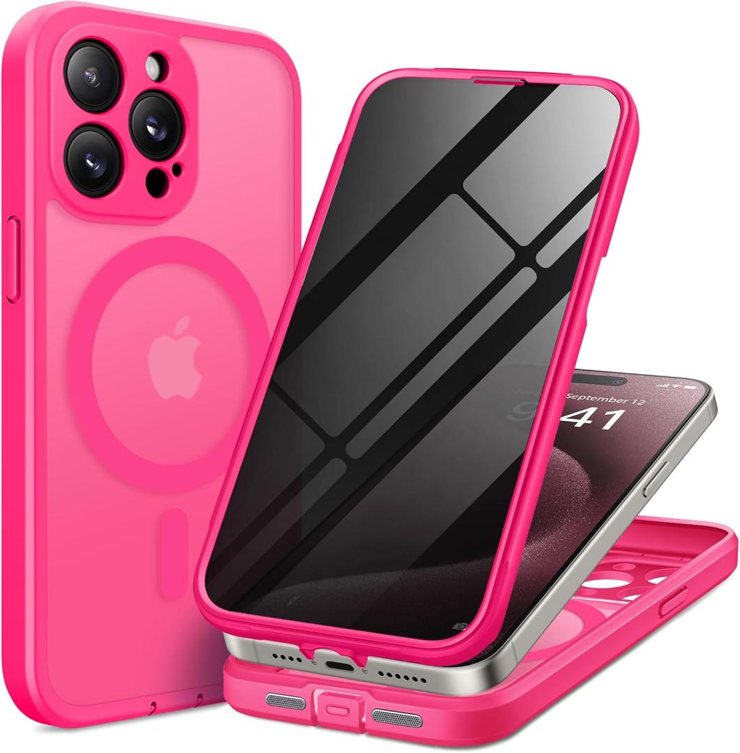 for iPhone 15 Pro Max Case, Compatible with MagSafe, Built-in Privacy Screen Protector and Camera Protection, Anti Spy Full Body Dustproof Shockproof Hard Phone Case 6.7", Hot Pink