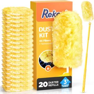 Heavy Duty Duster Refill Kit for Swiffer Duster with 3 ft Extension Pole & 20 Count Refills, 4X Microfibers Multisurface Dusters for Cleaning Home, Celling Fan, Blinds, Vent & Shelves (Yellow)