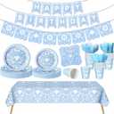Domensi 144 Pcs Mexican Birthday Party Decoration Supplies for 20, Mexican Floral Cielito Lindo Paper Plates Napkins Cups Banner Papel Picado Tablecloth Cutlery Fiesta Birthday Tableware(Blue)