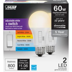 Feit Electric A19 LED Light Bulb, 60W Equivalent, Dimmable, Color Selectable 6-Way, 5CCT, E26 Medium Base, 90 CRI, 800 Lumens, 22-Year Lifetime, Damp Rated Lightbulb OM60DM/6WYCA/2, 2 Bulbs