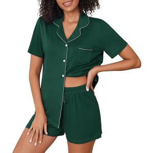 Ekouaer Pajama Set Women Classic Loose Short Sleeve Button Down Pjs Set Soft Sleepwear Loungewear with Pockets, (Dark Green, Medium)