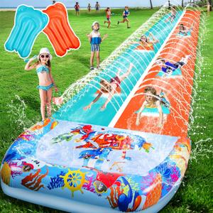 46FT Double Slip and Water Slides for Kids Adults Backyard, Extra Long Lawn Water Slides with 2 Bodyboards, Heavy Duty, Giant Inflatable Water Slip Toys with Crash Pad for Summer Outdoor Party