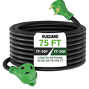 RVGUARD 25 Amp 75 Foot RV Extension Cord, Heavy Duty 10/3 Gauge STW Cord with LED Power Indicator and Cord Organizer, TT-30P/R Standard Plug, Green, ETL Listed