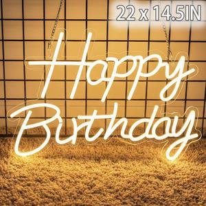 22" x 14.5" Happy Birthday Neon Sign for Backdrop, LED Happy Birthday Light Up Sign, USB Powered Dimmable Neon Light for Birthday Party Decorations, Wall Decor, Warm White