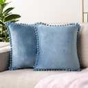 PAVILIA Dusty Blue Throw Pillow Covers with Pom Pom 18x18 Set of 2, Decorative Pillow Cases for Bedroom Aesthetic, Small Throw Pillows Set for Bed, Velvet Euro Plush Cushion Covers for Sofa Couch