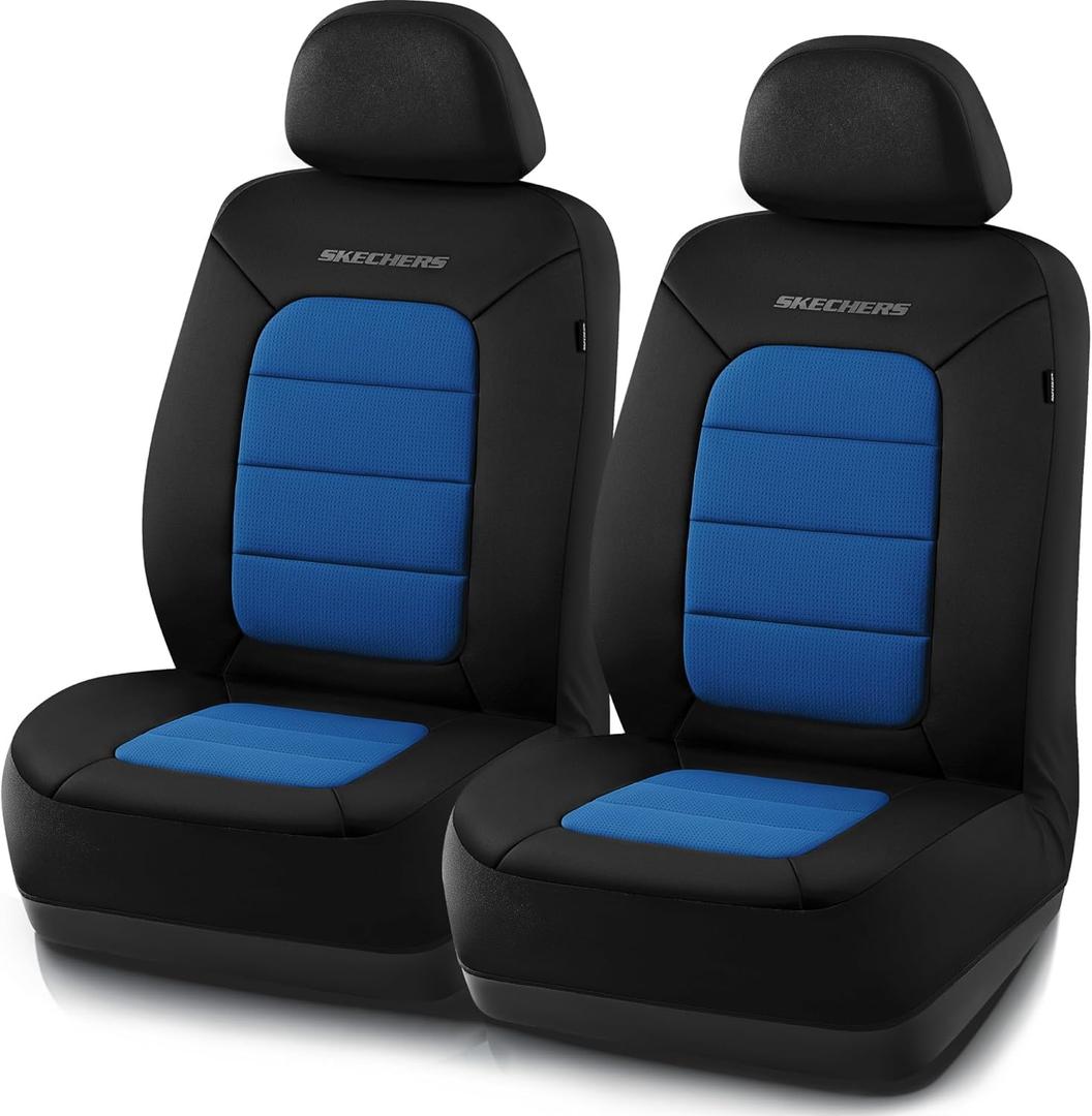 Skechers Memory Foam Car Seat Covers, Thick Cool Touch Fabric Seat Covers, Slip-ins Front Seat Cover, Airbag Compatible, Automotive Comfort Protection for Most Cars, Vans, Trucks, SUV, Blue (Black and Blue)