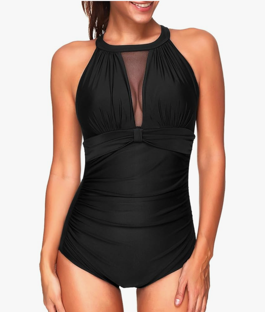 Tempt Me Women One Piece Swimsuit High Neck Plunge Ruched Tummy Control Bathing Suit, Size L