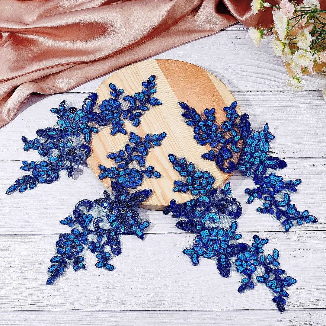 GORGECRAFT 8PCS Sequin Embroidered Lace Patches Leaf Flowers Lace Applique Sewing Floral Fabric Craft Decoration Patches for DIY Clothes Dress Pants Sewing Wedding (Dark Blue)