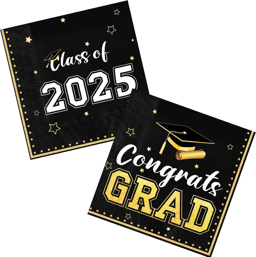 Karenhi 2025 Graduation Napkins Class of 2025 Disposable Black and Gold Congrats Grad Cocktail Napkins Paper 3 Ply for High School University College Graduation Party Decorations, 2 Design(100 Pcs)