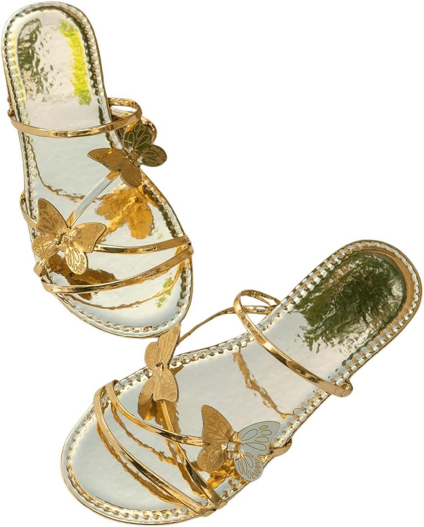 GORGLITTER Women's Gold Beach Summer Flat Sandals 2025 Strappy Cute Wedding Flats Shoes (9)