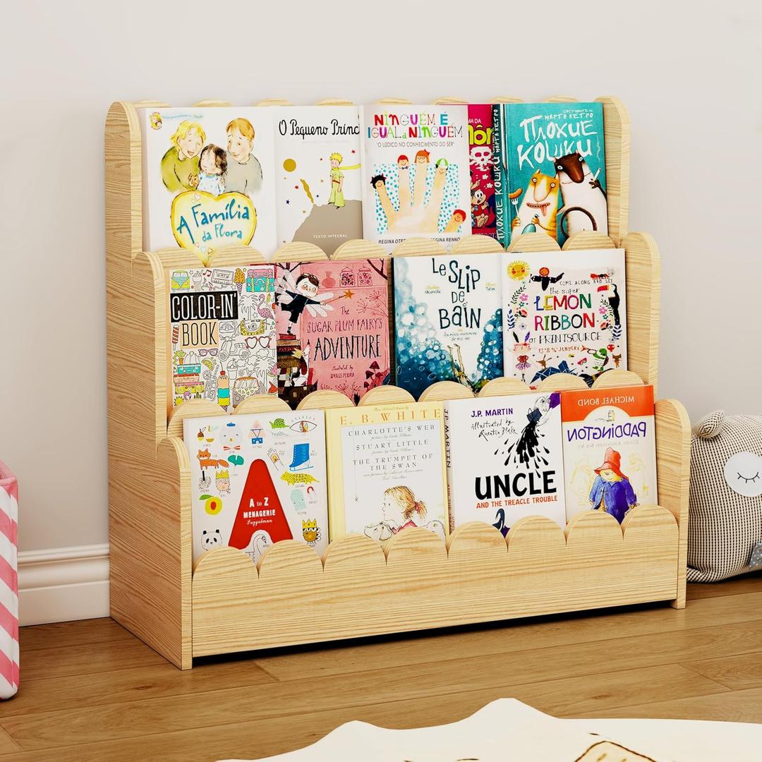 Montessori Kids Bookshelf, 3-Tier Scalloped Bookshelf for Baby, Natural, 29.6" L x 10.7" W x 27.6" H